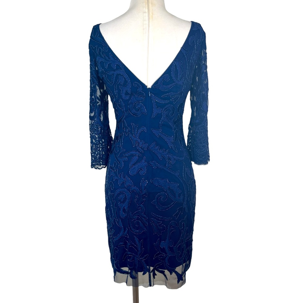 Aidan MATTOX ($475) Beaded Sheer Mesh Sleeve Navy Blue Cocktail Dress 4 - Picture 13 of 14